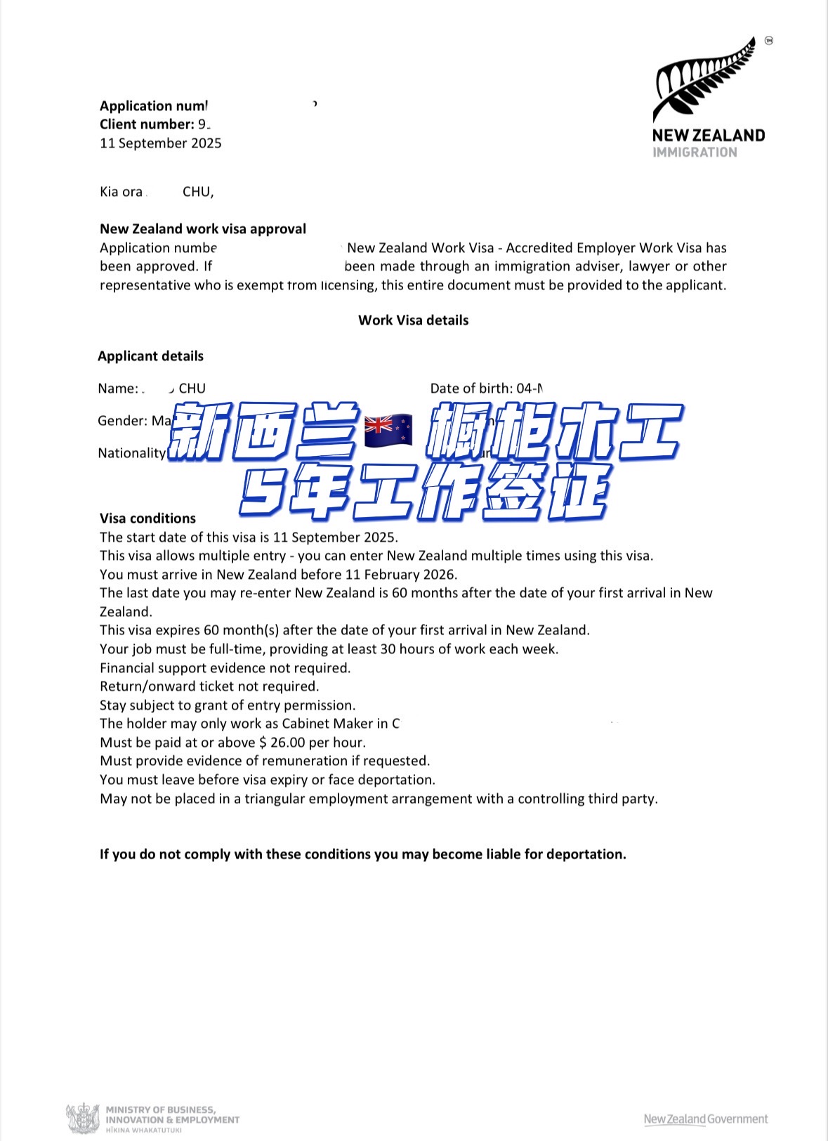 新西兰--橱柜木工工签获批