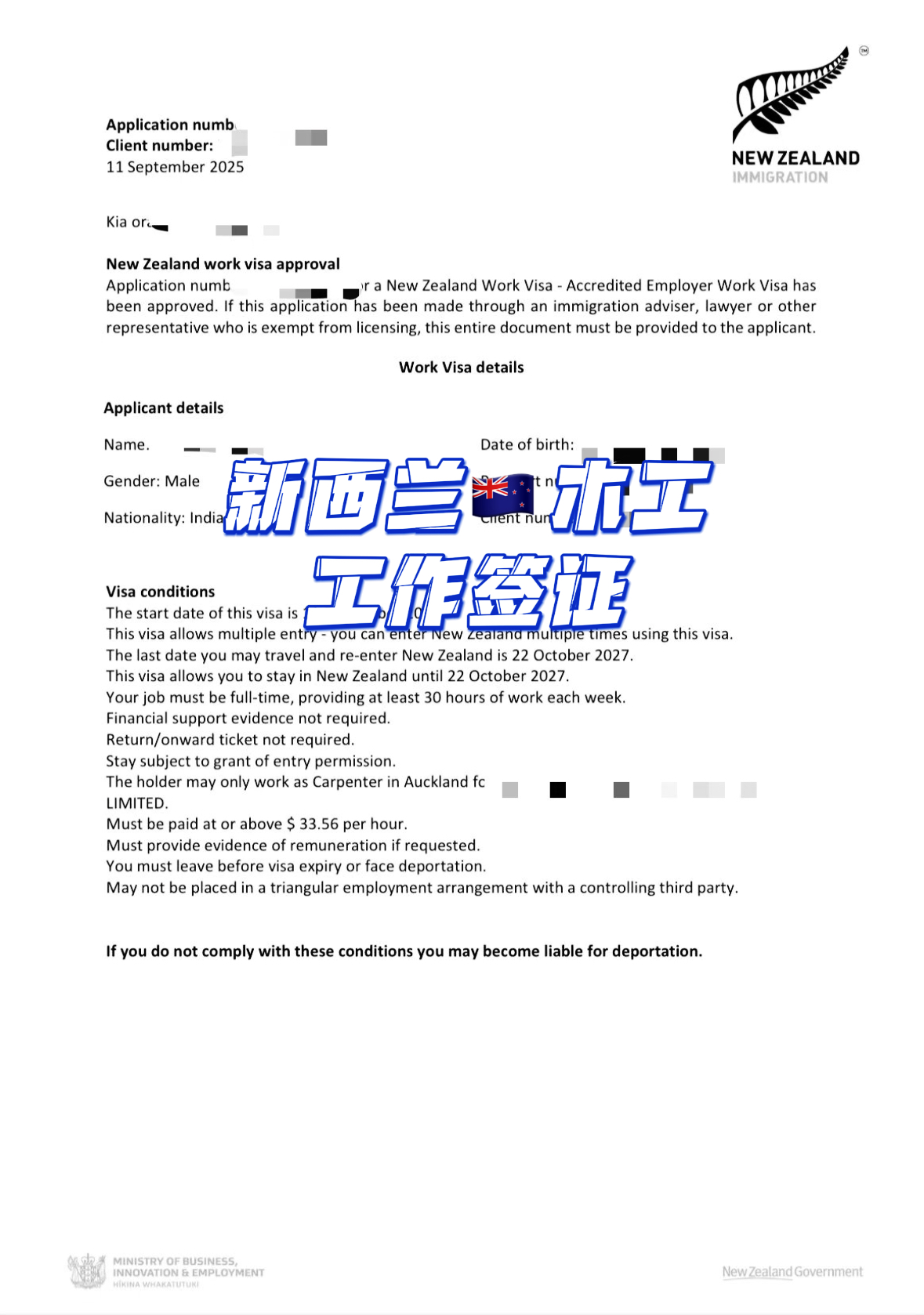 新西兰--木工工签获批